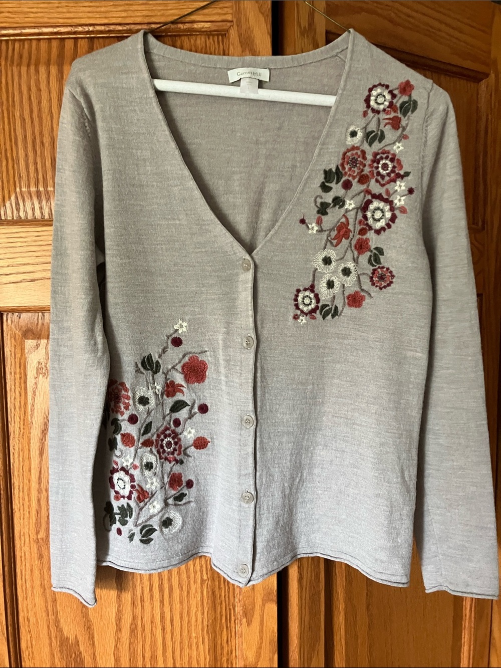 Garnet Hill taupe V-Neck Cardigan with Floral Embroidery
